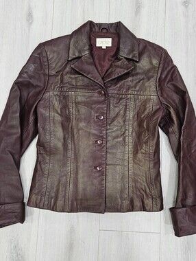 VTG Cache Wine Tapered Lambskin Leather Jacket Buttons Gold Iridescence Sz 6